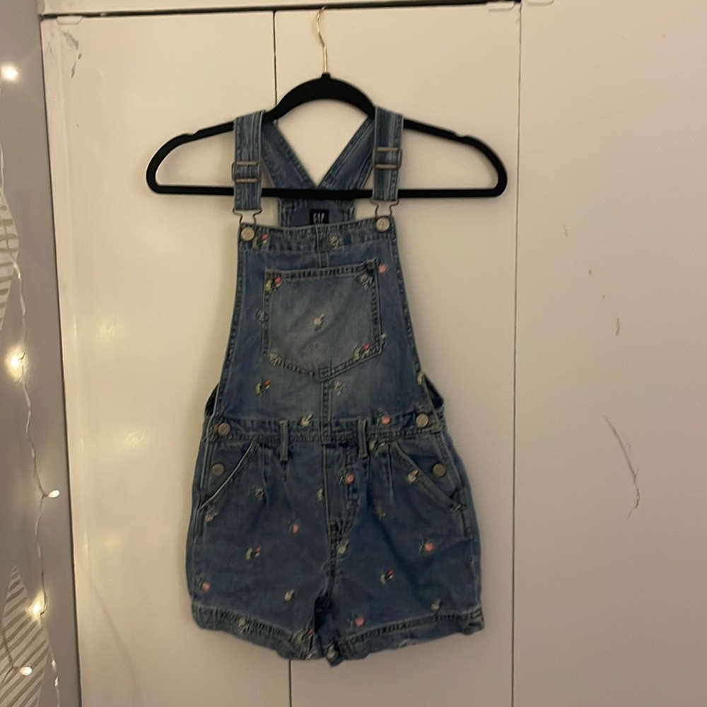 Gap Kids (Large) Denim Overall Shorts with Flower Embroidery